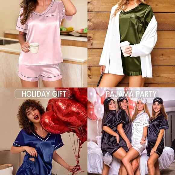 Silk Pajama for Women Short Sleeve Satin Pj Set Two Piece Soft Sleepwear Loungew - Picture 6 of 6